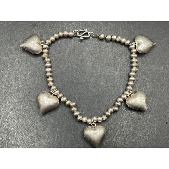 Vintage Silver Tone Bead Ball & Puffed Hearts Charms Bracelet Sz 6 1/4" 11.10g - Picture 1 of 9